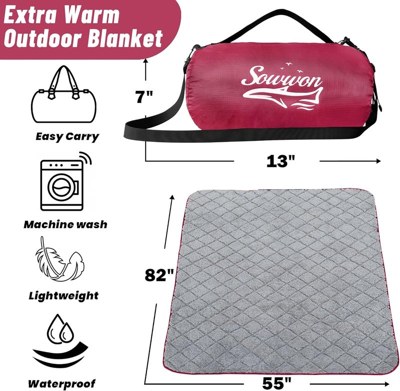 sowwon Waterproof Outdoor Blanket Packable, Stadium Blankets for Camping with Sherpa Fleece Lining, Large Windproof Emergency Throw for Garss Picnic Hiking Road Trip, Machine Washable, 82"X 55"/ 92''X 60'' - Image 2